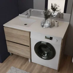 Meuble pour lave-linge IDEA, plan vasque déportée 124 cm x 65 cm- Bois- Vasque à gauche