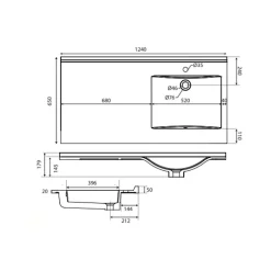 Meuble pour lave-linge IDEA, plan vasque déportée 124 cm x 65 cm- Bois- Vasque à gauche