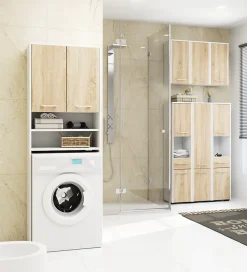 Meuble pour machine à laver AKORD FIN Blanche 64 cm 2 portes façade Chêne Sonoma 4 étagères 64x30x180 cm