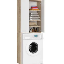 Meuble pour machine à laver AKORD FIN Chêne Sonoma 64 cm 2 portes façade Blanche 4 étagères 64x30x180 cm