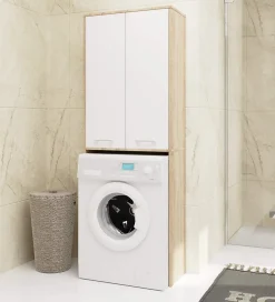 Meuble pour machine à laver AKORD FIN Chêne Sonoma 64 cm 2 portes façade Blanche 4 étagères 64x30x180 cm