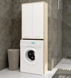Meuble pour machine à laver AKORD FIN Chêne Sonoma 64 cm 2 portes façade Blanche 4 étagères 64x30x180 cm