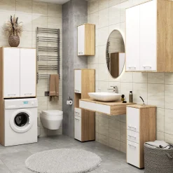 Meuble pour machine à laver AKORD FIN Chêne Sonoma 64 cm 2 portes façade Blanche 4 étagères 64x30x180 cm
