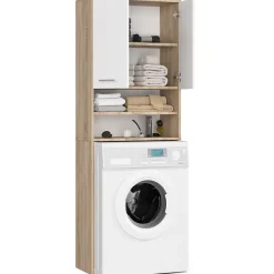 Meuble pour machine à laver AKORD FIN Chêne Sonoma 64 cm 2 portes façade Blanche 4 étagères 64x30x180 cm