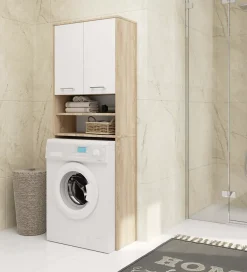 Meuble pour machine à laver AKORD FIN Chêne Sonoma 64 cm 2 portes façade Blanche 4 étagères 64x30x180 cm
