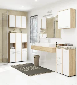 Meuble pour machine à laver AKORD FIN Chêne Sonoma 64 cm 2 portes façade Blanche 4 étagères 64x30x180 cm