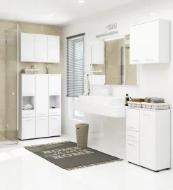 Meuble pour machine à laver AKORD FIN Blanche 64 cm 2 portes façade Blanche 4 étagères 64x30x180 cm