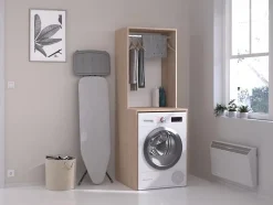 Meuble pour machine à laver avec penderie - Naturel clair - L65 x H184 cm - ERKANO