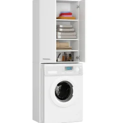 Meuble pour machine à laver AKORD FIN Blanche 64 cm 2 portes façade Blanche 4 étagères 64x30x180 cm