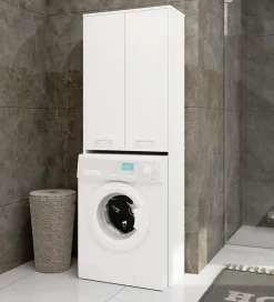 Meuble pour machine à laver AKORD FIN Blanche 64 cm 2 portes façade Blanche 4 étagères 64x30x180 cm