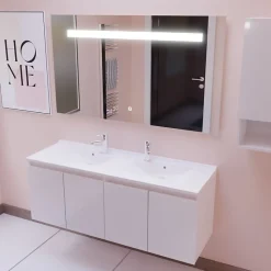 Meuble PROLINE 140 cm avec plan double vasque et miroir Elégance ht80- Blanc - vasque en résine