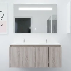 Meuble PROLINE 120 cm avec plan double vasque et miroir Elégance ht80- Bois- Plan vasque en Céramique