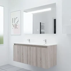 Meuble PROLINE 120 cm avec plan double vasque et miroir Elégance ht80- Bois- Plan vasque en Céramique