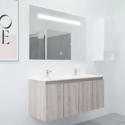 Meuble PROLINE 120 cm avec plan double vasque et miroir Elégance ht80- Bois- Plan vasque en Céramique