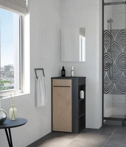 Meuble rectangle tout en un compact H.84 x l.44 cm, noir mat, porte décor bois, Nova