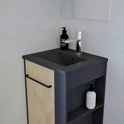 Meuble rectangle tout en un compact H.84 x l.44 cm, noir mat, porte décor bois, Nova