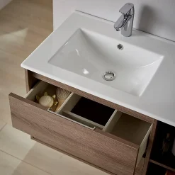 Meuble salle de bain - 80 cm - Plan décentré - Effet chêne foncé britannia - A suspendre - miroir et éclairage inclus - Venus