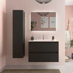 Meuble salle de bain - 80 cm - Avec plan vasque - Noir mat - A suspendre - KARAIB