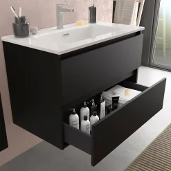 Meuble salle de bain - 80 cm - Avec plan vasque - Noir mat - A suspendre - KARAIB