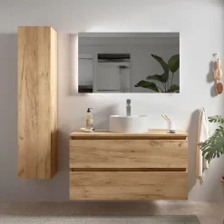 Meuble salle de bain - 100 cm - avec vasque à poser - effet chêne brut - A suspendre - KARAIB