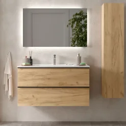 Meuble salle de bain - 100 CM - avec plan vasque - Effet chêne brut - poignées noires - A suspendre - ARUBA