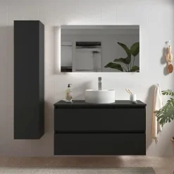 Meuble salle de bain - 100 cm - avec vasque à poser - Noir mat - A suspendre - KARAIB