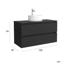 Meuble salle de bain - 100 cm - avec vasque à poser - Noir mat - A suspendre - KARAIB