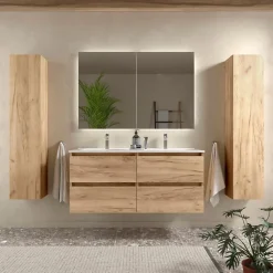 Meuble salle de bain - 120 cm - Plan double vasques céramique - Effet chêne brut - A suspendre - KARAIB