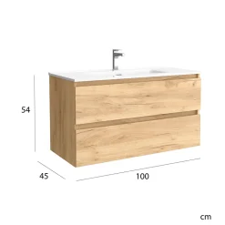 Meuble salle de bain - 100 cm - avec plan vasque - Effet chêne brut - A suspendre - KARAIB