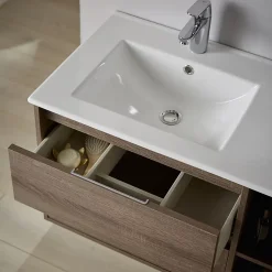 Meuble salle de bain - 80 cm - Plan décentré - Effet ciment - A suspendre - miroir et éclairage inclus - Venus