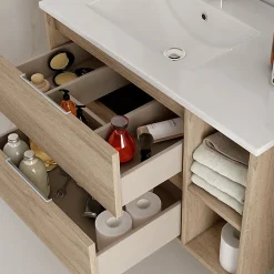 Meuble salle de bain - 80 cm - Plan décentré - Effet ciment - A suspendre - miroir et éclairage inclus - Venus