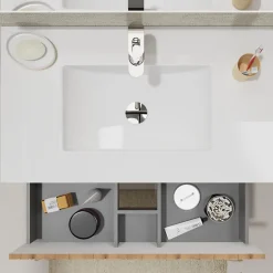 Meuble salle de bain 80 cm A poser - Plan vasque céramique - Effet bois strié - Karaib 2