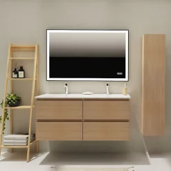 Meuble salle de bain 120 cm - Double vasque céramique - Effet chêne sonoma - A suspendre - Karaib 2