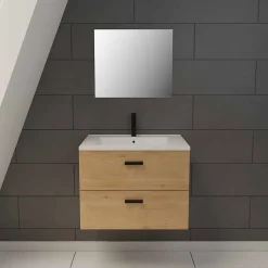 Meuble salle de bain 60 cm suspendu 2 tiroirs finition Bois avec vasque et miroir - BOX-IN 60 WOOD
