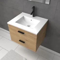 Meuble salle de bain 60 cm suspendu 2 tiroirs finition Bois avec vasque et miroir - BOX-IN 60 WOOD