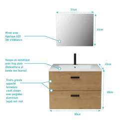 Meuble salle de bain 60 cm suspendu 2 tiroirs finition Bois avec vasque et miroir - BOX-IN 60 WOOD