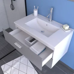 Meuble salle de bain 80 cm suspendu 2 tiroirs Gris avec vasque et miroir - BOX-IN
