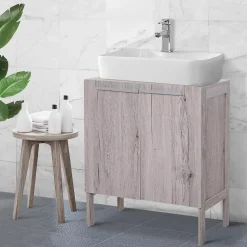 Meuble salle de bain - meuble sous-vasque - placard 2 portes avec étagère - dim. 60L x 30l x 70H cm - MDF imitation bois gris