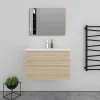 Meuble salle de bain 2 tiroirs avec lavabo et miroir encadré-Chêne l.80 x W.44.5 x H.52 cm