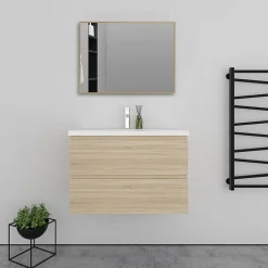 Meuble salle de bain 2 tiroirs avec lavabo et miroir encadré-Chêne l.80 x W.44.5 x H.52 cm