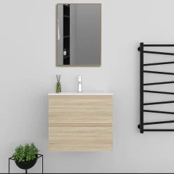 Meuble salle de bain 2 tiroirs avec lavabo et miroir encadré-Chêne l.60 x W.38.5 x H.52 cm
