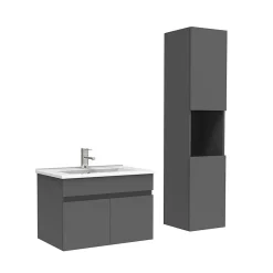 Meuble Salle de Bain avec colonne et vasque ceramique 60cm Anthracite