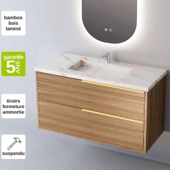 Meuble Salle de Bain BAMBOO 81 cm x H54 x P45 cm, Plan Vasque Grès Cérame BS, 2 Tiroirs Poignée Or, Chêne Naturel