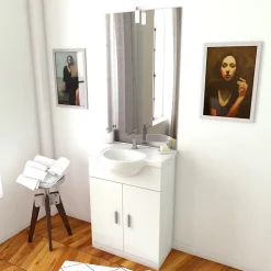 Meuble salle de bain blanc 60 cm sur pied + vasque ceramique blanche + miroir applique led