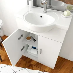 Meuble salle de bain blanc 60 cm sur pied + vasque ceramique blanche + miroir applique led