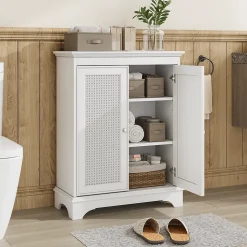 Meuble salle de bain blanc sur pied avec porte panier et étagère réglable, meuble indépendant pour salle de bain, salon ou cuisine