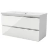 Meuble salle de bain 100cm blanc brillant avec 2 tiroirs à fermeture automatique et simple lavabo céramique