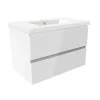 Meuble salle de bain 80cm blanc brillant avec 2 tiroirs à fermeture automatique et simple lavabo