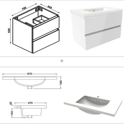 Meuble salle de bain 80cm blanc brillant avec 2 tiroirs à fermeture automatique et simple lavabo