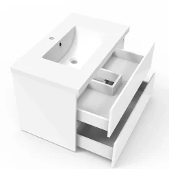 Meuble salle de bain 80cm blanc brillant avec 2 tiroirs à fermeture automatique et simple lavabo